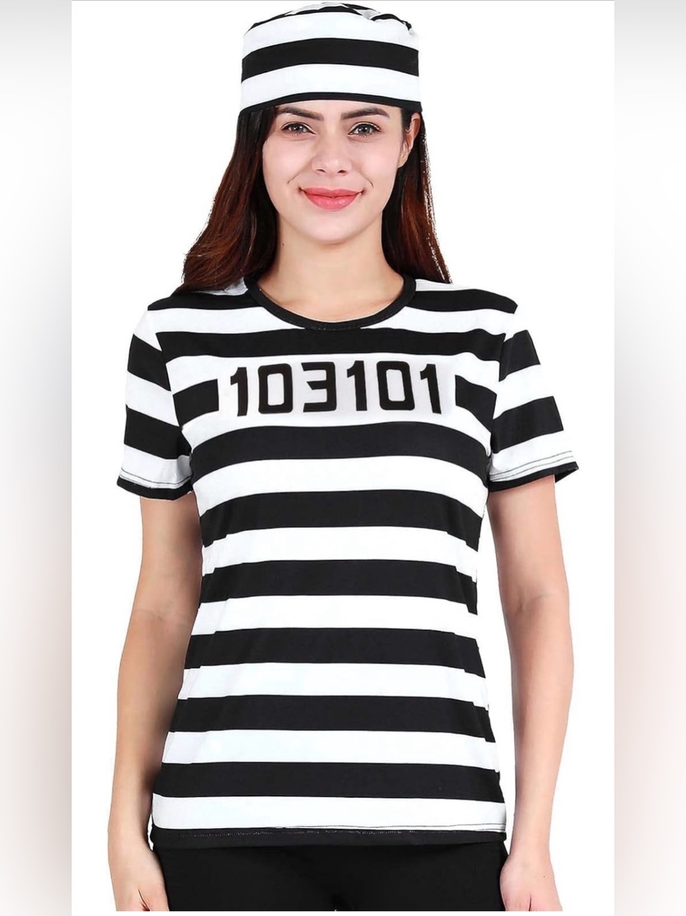 Striped Black and White Crewneck Women's Tee Prisoner Jail with Hat Size XL